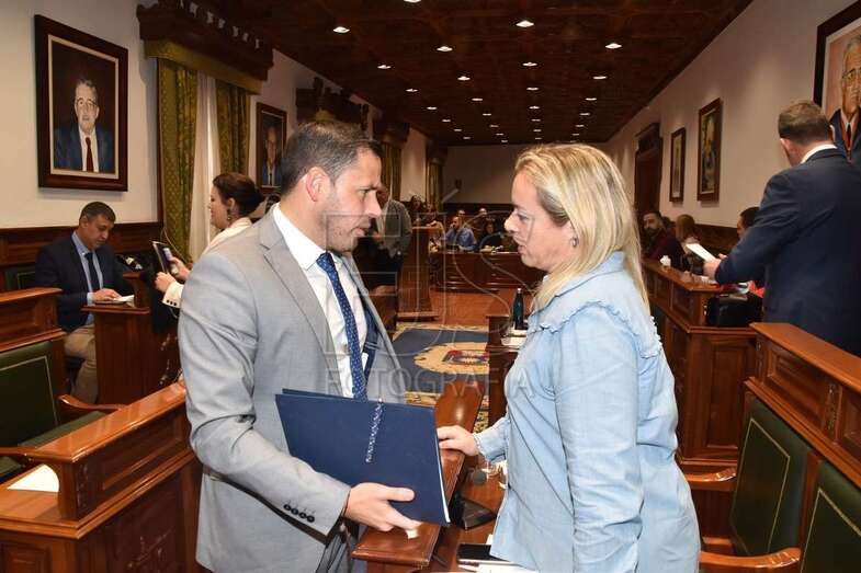 El alcalde Héctor Suárez y Sonsoles Martín intercambian impresiones antes del inicio del Pleno (Foto TA)